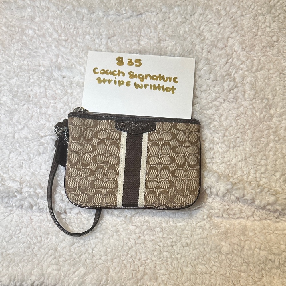 Coach Brown and Cream Stripe Wristlet